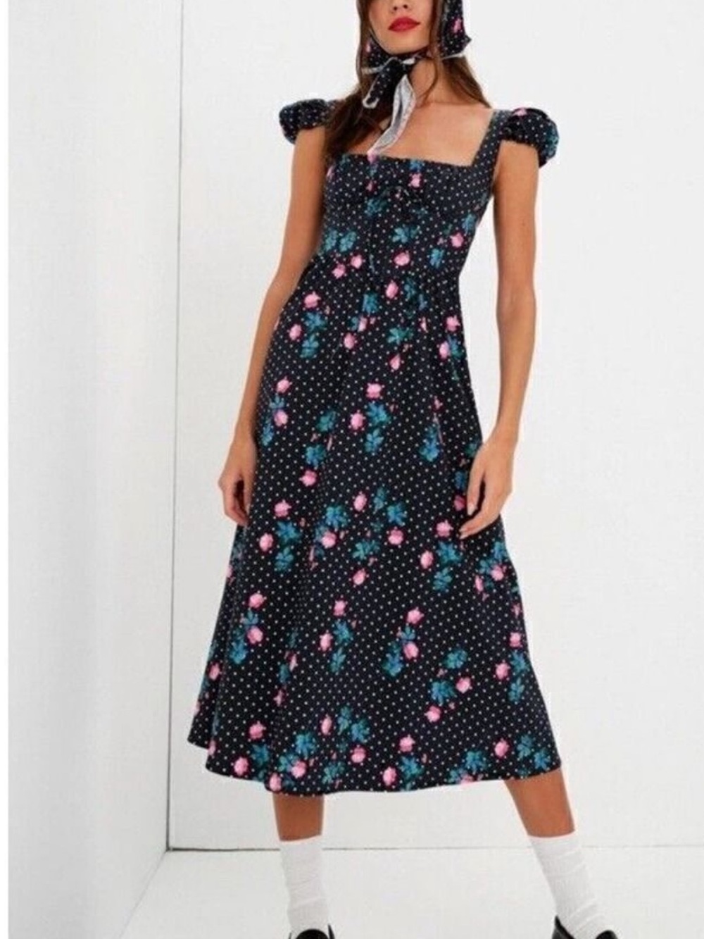 For Love and Lemons Florentina Polka Dot Floral Midi Dress
